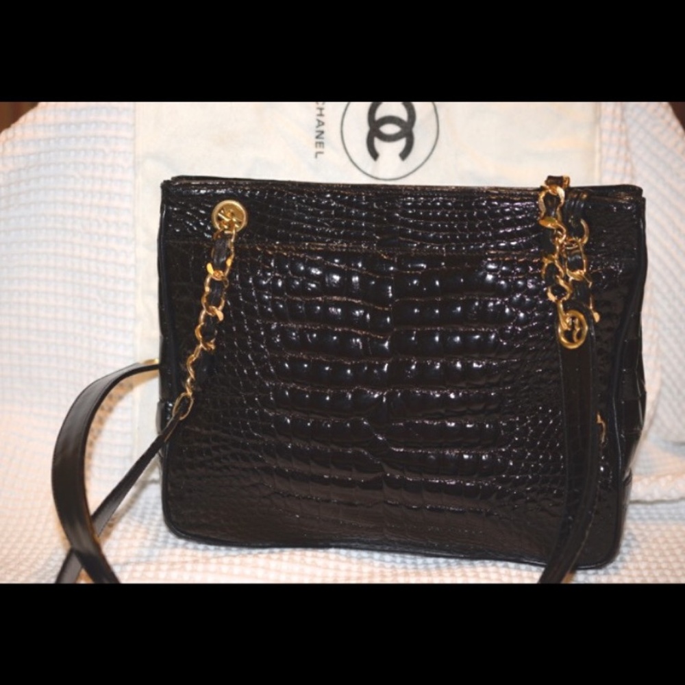 CHANEL Vintage Exotic Alligator Black Patent Leather Tote